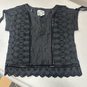 Johnny Was Love Embroidered Boho Top Charcoal Gray Lace Blouse Large